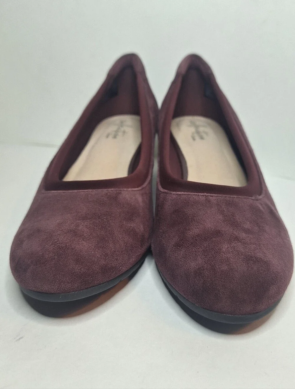 Clarks Mallory Suede Leather Purple Berry Wedge Pumps Wmns Size US 7.5 M